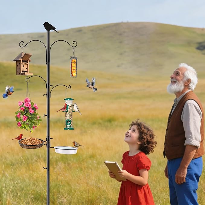 Camii 75 inch 4-Hook Bird Feeder Pole Kit, Adjustable Shepherds Hook with Tray, Water Bowl, 5-Prong Reinforced Base, Garden Hooks for Hanging Bird Feeders, Hanging Plants, Solar Light Lantern
