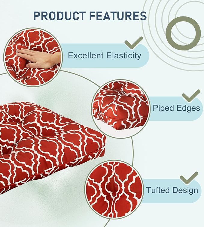 downluxe Outdoor Chair Cushions Set of 2 for Patio Furniture, Waterproof Tufted Overstuffed Patio Furniture Cushions, Thick Outdoor Seat Cushion, 19" X 19" X 5", Red Gourd