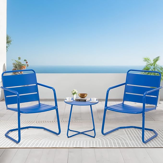 MELLCOM 3 Piece Patio Set, Small Patio Furniture Set - 2 C-Spring Metal Chairs with Round Side Table, Outdoor Bistro Set for Balcony, Front Porch, Poolside, Deck, Indoor, Blue
