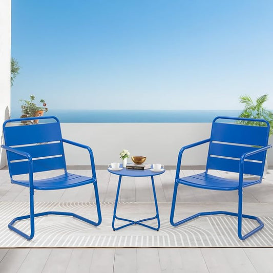 MELLCOM 3 Piece Patio Set, Small Patio Furniture Set - 2 C-Spring Metal Chairs with Round Side Table, Outdoor Bistro Set for Balcony, Front Porch, Poolside, Deck, Indoor, Blue
