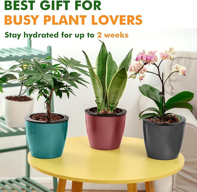 Planterhoma 6.7 Inch Self Watering Pots for Indoor Plants, 8 Packs African Violet Pots with Indicator, Black Wick Pot with Drainage Holes, Self Watering Planters for Orchid, Devil's Ivy, White