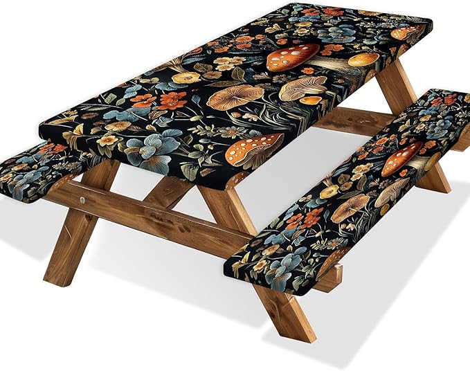 Picnic Table Cover with Bench Covers and Bag, Summer Outdoor Waterproof Windproof Tablecloth with Elastic Edges, Camping Accessories RV Gear Campers 3 Pcs Set, Black Mushroom 30X72inch