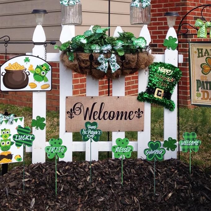 YEAHOME St Patricks Day Decorations Outdoor, Set of 6 Metal Shamrock Decorative Garden Stakes for St Patricks Day Decor, Lucky Saint Patricks Yard Signs for Garden Lawn Porch Pot Flowerbed