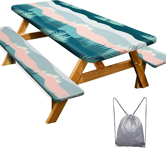Picnic Table Cover with Bench Covers 6FT 3 Pcs Waterproof Windproof Aesthetic Camping Tablecloth with Drawstring Bag, Fitted for 6 Foot Rectangle Tables and Seats, 72 inch, Pink Green Mountains