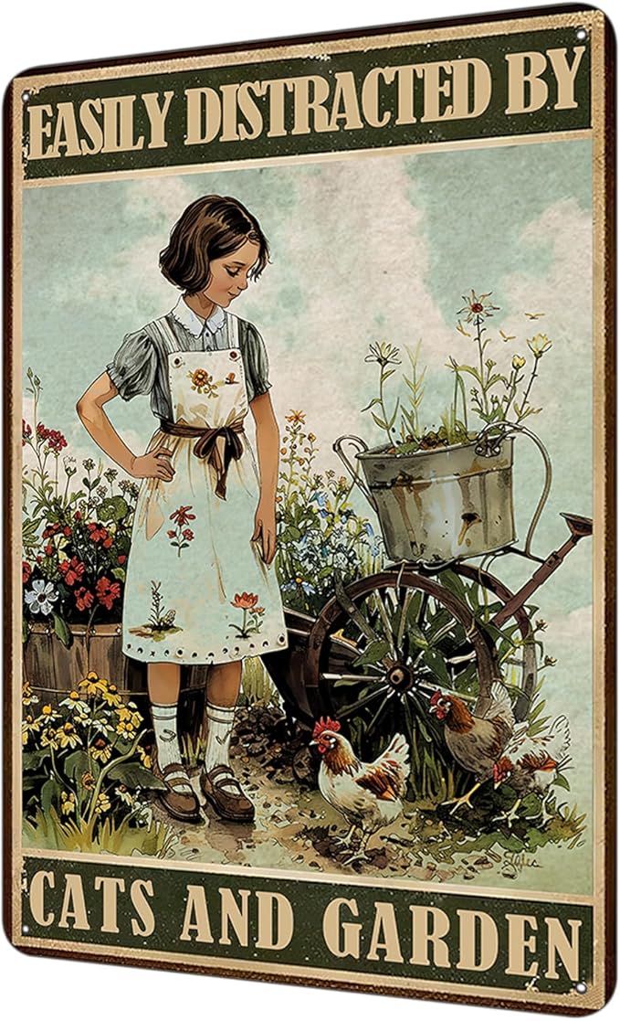 Garden Metal Sign, Easily Distracted By Cats And Garden Funny Girl and Chicken Sign, Retro Backyard Fence Poster, Vintage Yard Gardening Decor Outdoor, Gardening Gift for Woman, Grandma 8 * 12"