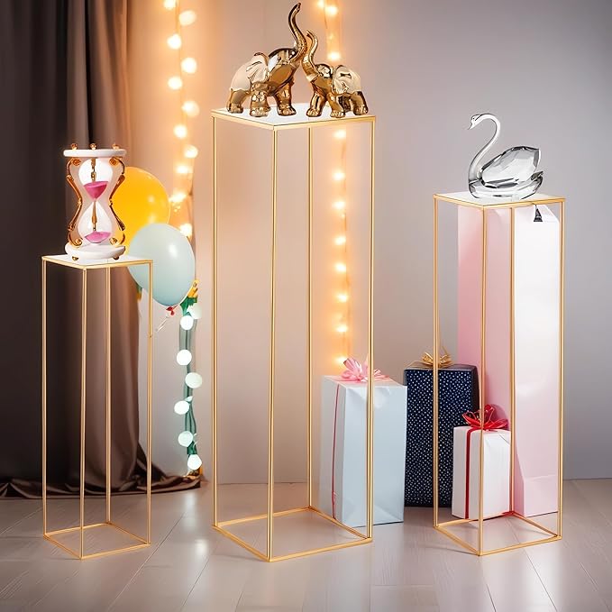 3PCS Cylinder Pedestal Stands for Parties, Square Gold Metal Plant Cylinder Stands for Party Flowers, Display Columns Pedestal Stand Cylinder Tables for Vases Birthday Party Decorations