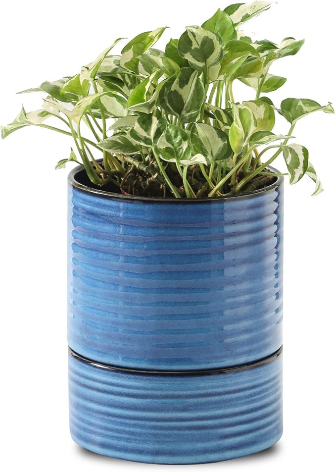 HASENSE Ceramic Self Watering Pots for Indoor Plant, 6 Inch Planter with Drainage Hole & Water Storage Saucer for Indoor & Outdoor Plants, Reactive Glaze Blue