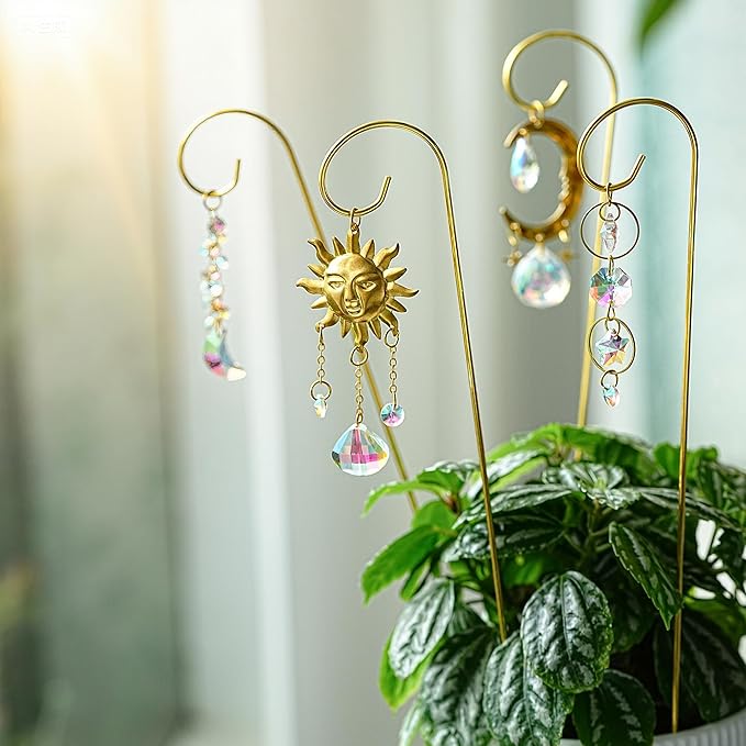 HDCRYSTALGIFTS 6PCS Small Trellis with Crystal Sun Catchers for Potted Plants, 13.5inch Fairy Garden Plant Stakes Suncatchers for Mini Potted Indoor Outdoor Decorations (Sun & Moon Styles)