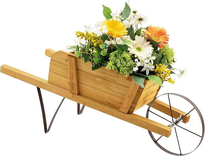 S AFSTAR Wood Wheelbarrow Planter, Flower Plant Pot Cart w/Metal Wheel & 9 Replaceable Magnet Accessories, Wooden Wagon Planter Decor for Outdoor Garden Backyard (Natural)