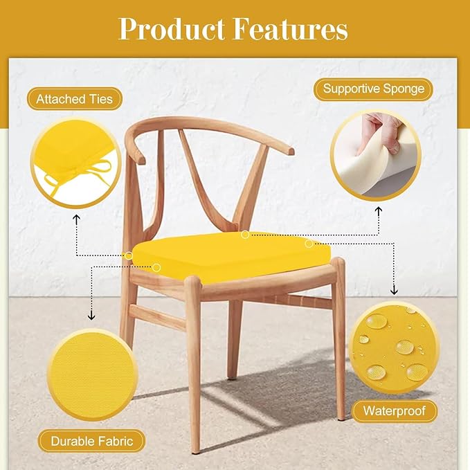 Cozyide Outdoor Chair Cushions, Waterproof Patio Seat Cushions with Adjustable Straps, Round Corner Patio Chair Cushions for Garden, Yellow, 17x16x2 Inch (Pack of 2)