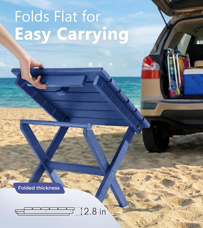 PASAMIC Folding Outdoor Side Table, HDPE Adirondack Patio End Table, Portable, No Assembly, Weather-Resistant for Camping, RV, Poolside, Garden, Indoor & Outdoor Use (Blue)