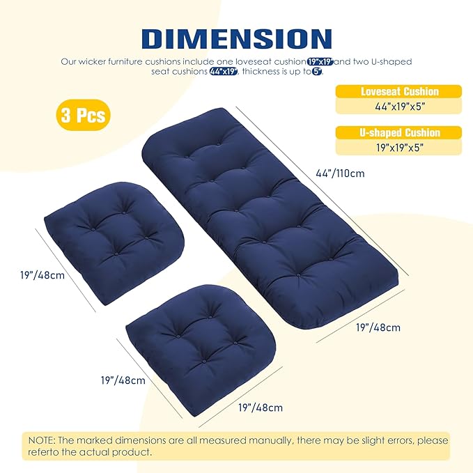 Wicker Furniture Cushions Set, Waterproof Patio Cushions for Outdoor Chairs 3 Pieces, 1 Loveseat & 2 Seat Pads Thick Outdoor Replacement Cushions for Porch Lawn Bench Couch Sofa, Navy Blue