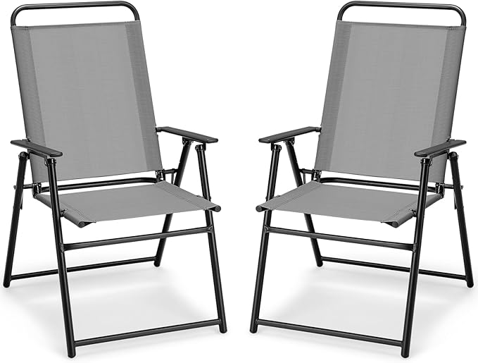 Giantex Patio Chairs Set of 2, Outdoor Folding Chairs with Armrests, Metal Frame, Outside Foldable Dining Chairs for Lawn Deck Porch Beach Yard (Gray & Black)