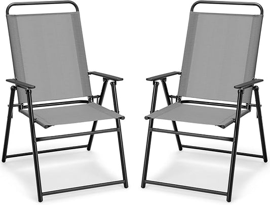 Giantex Patio Chairs Set of 2, Outdoor Folding Chairs with Armrests, Metal Frame, Outside Foldable Dining Chairs for Lawn Deck Porch Beach Yard (Gray & Black)