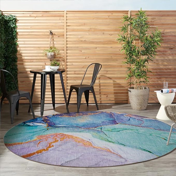 Abstract Washable Indoor Outdoor Round Rug, 6' x 6', Teal, Stain Resistant, Easy Clean, Modern Teal Patio Rug for Indoor/Outdoor Patio, Deck, Porch, Garden, Courtyard