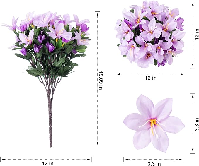 INSPRING Artificial Fake Flowers for Outdoors Spring Summer Decor, Faux Azalea Plants 3 Bundles Silk Flowers UV Resistant Realistic Outdoor Flower for Planters Porch Patio Garden Window Walkways Home