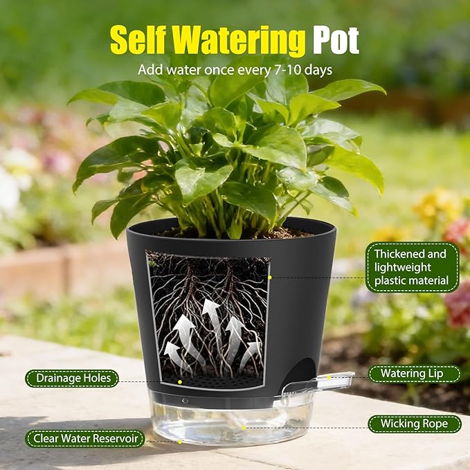 Plant Pots 4/5/5.5/6/6.5/7 Inch Self Watering Pots, 6 Pack Plastic Planters with Drainage Holes and Clear Saucers,Plastic Flower Pots,Nursery Planting Pot for Indoor Out Door Plants(Black)