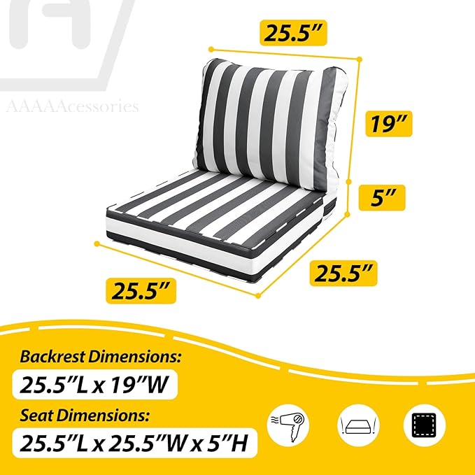 AAAAAcessories Outdoor Deep Seat Cushions, Waterproof, Fade-Resistant Patio Furniture Replacement Cushions, 25.5" x 25.5" x 5" + 25.5" x 19", Set of 4, Gray Cabana Stripe