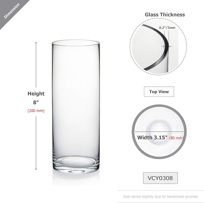 WGVI Quality Thick Clear Cylinder Glass Vases, 3" W x 8" H, Bud Vase Skinny Narrow Floral Bouquet Flower Container for Wedding Centerpieces Tabletop Décor Brush Pen Holder, Bulk Wholesale, 6 Pieces
