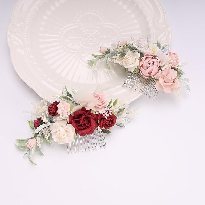Burgundy Floral Hair Comb with Baby's Breath Dried Flower Bridesmaids Hair Clips Garden Wedding Hair piece Photo Prop