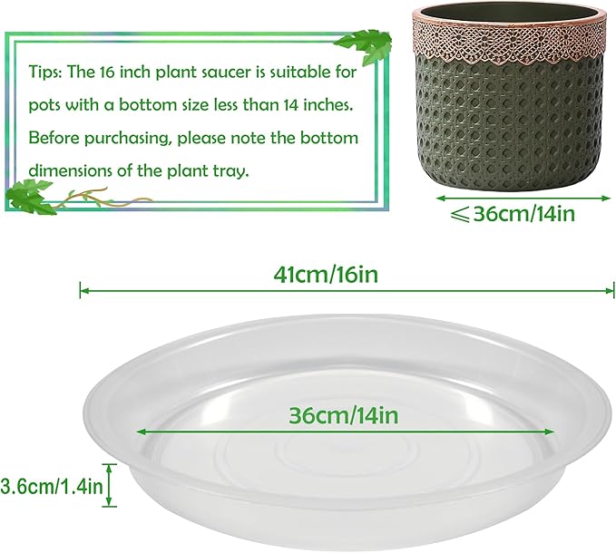 8 Pack 16 Inch Round Plant Saucers for Less 14 Inch Pot Indoors Outdoors Plant Trays for Pots Planter Saucer Plastic Drip Tray Planter Water Tray (Clear, 16"(8pcs))