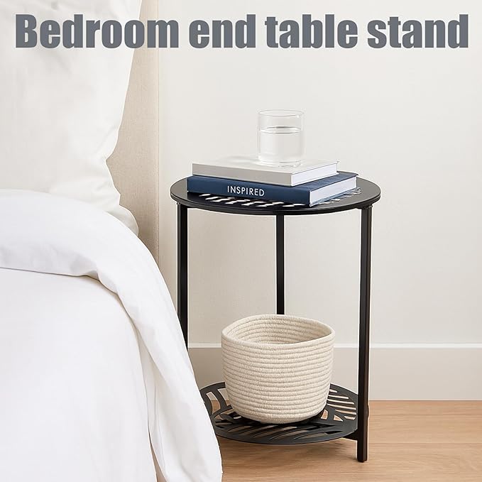 13" Two-tiered Metal Round Side Tables Small Black Outside End Table for Patio Round Accent Garden Corner Stand for Small Spaces Weather-resistant Outdoor Coffee Table for Balcony Porch Plant Stand