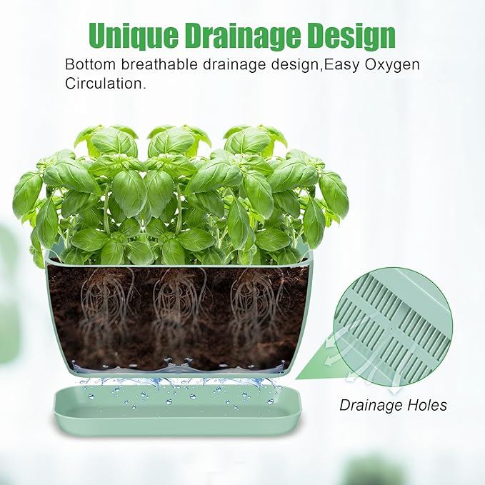 Herb Garden Planter Set, Plastic Plant Pots with Drainage and Saucer, Indoor Succulent Cactus Vegetable Pot for Windowsill, Garden Balcony, Green, Set of 6