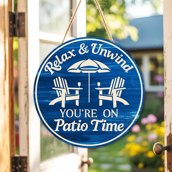Patio Wood Hanging Sign for Front Porch, Relax Unwind You're On Patio Time Wall Decor Sign for Home Bar