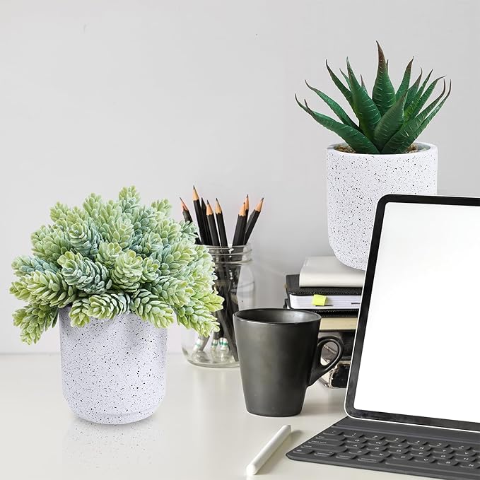 Winlyn Set of 3 Artificial Potted Succulent Plants in White Cement Planters Faux Aloe Hops String of Pearls Plants Small House Plants for Indoor Home Garden Office Desk Tabletop Shelf Decorations