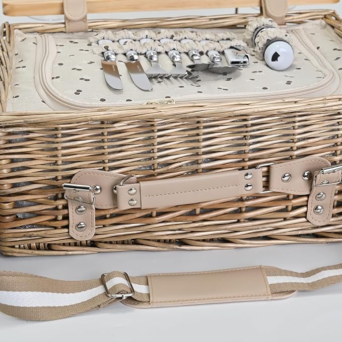 Multifunctional Wicker Picnic Basket Set for 2 with Blanket and Picnic Table, Insulated Picnic Set with Full Tablewares for Camping Outdoor Couples,Cherry