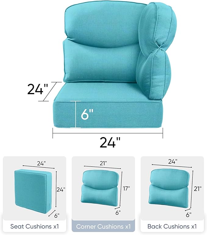 Luxury 24x24x6 Outdoor Corner Cushion 1 Set - Water-Repellent 3-Piece Cushion Set with Zipper for Outside Wicker Sofa Loveseat Chair Sectional Patio Conversation Sets - Turquoise/Smile