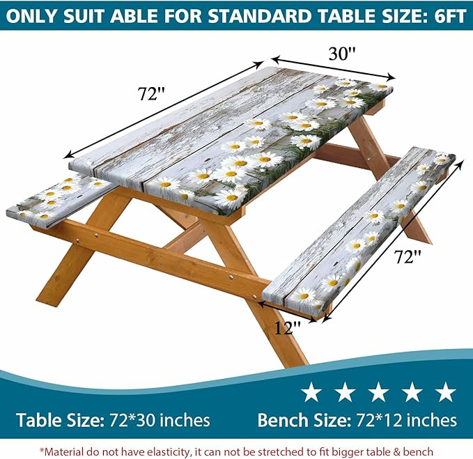 Picnic Table Cover with Bench Cover, Outdoor Patio Camping Essentials Farmhouse Daisy Wooden Table Covers with Elastic Waterproof Camping Tablecloth with Drawstring Bag, 60In 3PCS