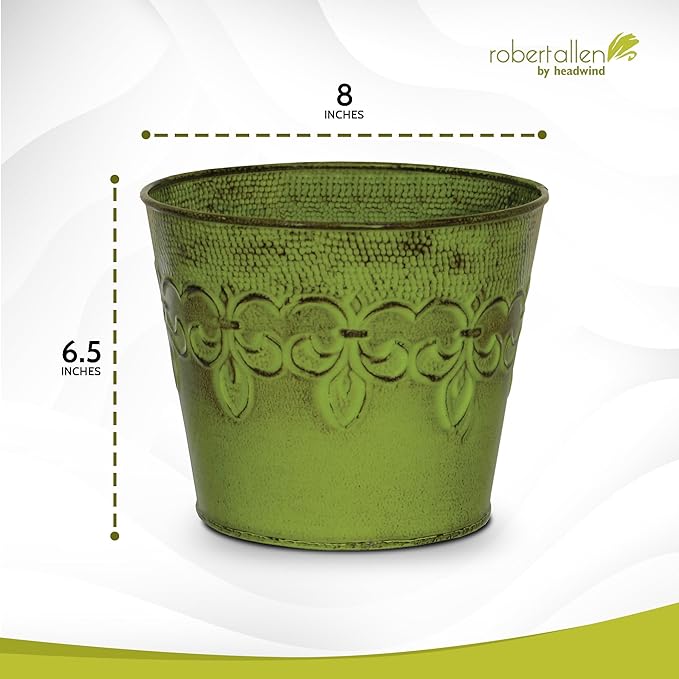 Headwind Ironlite Fleur De Lis Collection – 8" Tansy Green Decorative Planter with Drain Plug – Lightweight Metal Garden Pots for Indoor & Outdoor Planters Use by Robert Allen