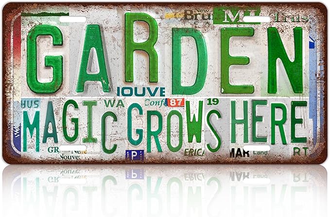 Vintage Garden Metal Tin Sign License Plate Wall Decor for Garden Lover 12 x 6 Inches - magic grows here