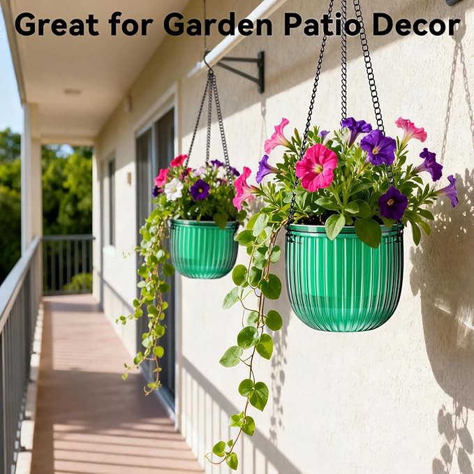 Halatool 2 Pack 6.5 Inch Self-Watering Hanging Planters for Plants, Indoor Hanging Flower Pots for Garden Home Wall Decor, Green