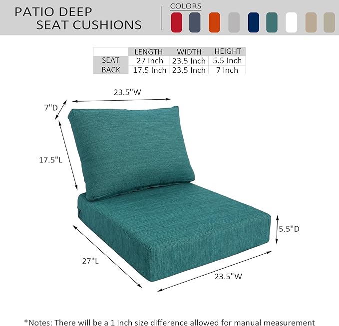 23.5"x27" Outdoor Deep Seat Patio Cushions Set of 2, Deep Seat Bottom Resilient Foam Filling Water-Resistant Stain-Resistant UV Resistant Weather Resistant with YKK Zippers, Malachite