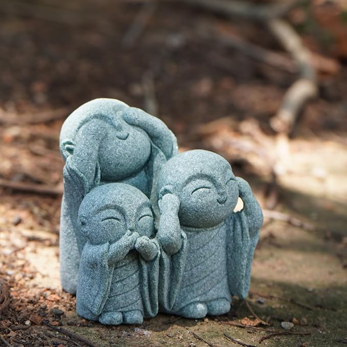 OwMell Japanese Jizo Monk Statue, Buddha Jizo Figurine Memorial Aquarium Statue Ornament - No Evil
