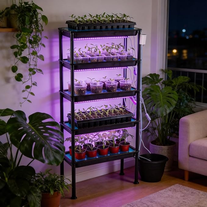 5-Tier Vertical Seed Starter Tray with Grow Light, Ebb and Flow Tidal Special Plant Stand Saucer, Automatic Circulation Watering Rack Indoor/Greenhouse, Designed for Seedling Trays, Pots