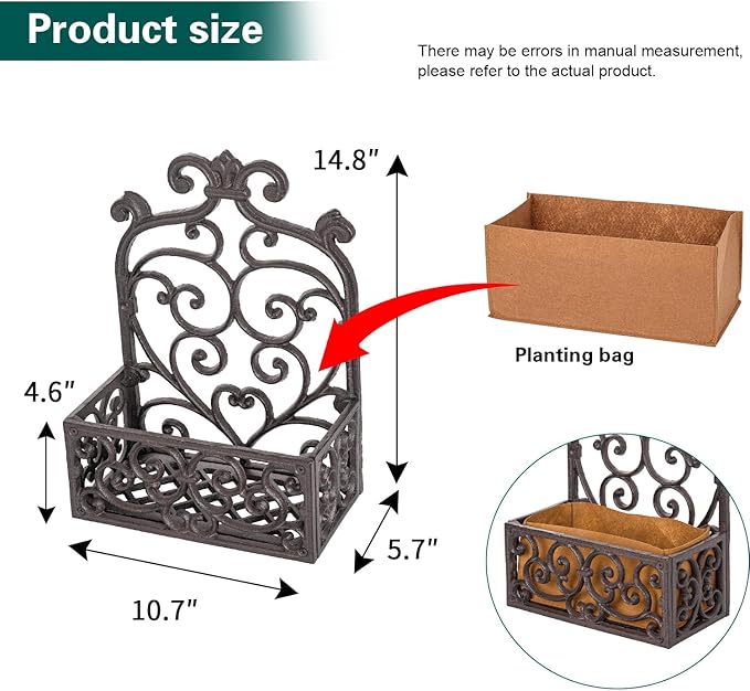 Sungmor Vintage Cast Iron Wall-Mounted Planter Basket with Fabric Liner,Rustic Scrollwork Hanging Flower Holder,Decorative Wall Shelf for Plants,Outdoor Hanging Basket Flower Pot