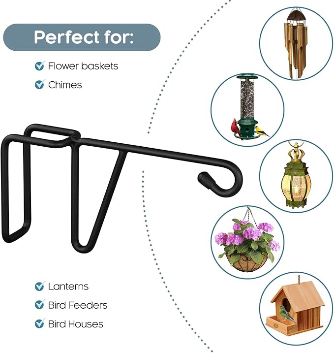 Vinyl Fence Hooks, Patio Hangers Decorative White Powder Coated Steel Fence Hangers Suitable for Hanging Flower Baskets - Wind Chimes - Planters - Bird Feeders -Lights (2 Pack - Black)