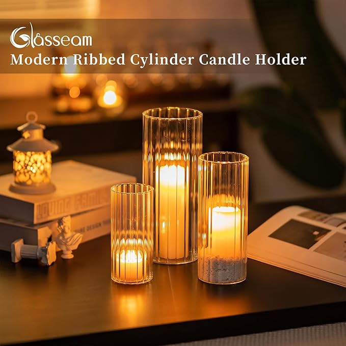 Glasseam Glass Cylinder Candle Holder, Clear Ribbed Vase Set of 18, Hurricane Pillar Candle Holder, Floating Candle Holders for Table Centerpiece, Flute Flower Vases for Centerpieces Dining Table