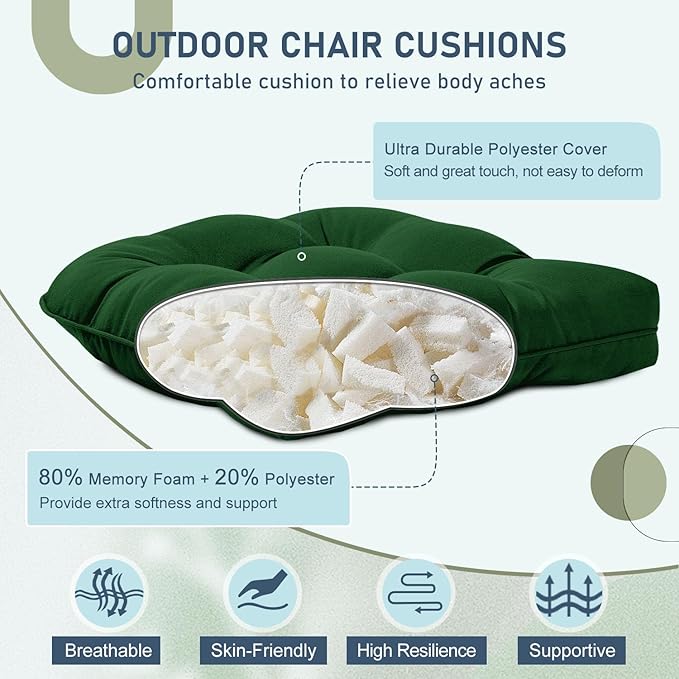downluxe Outdoor Chair Cushions Set of 4 for Patio Furniture, Waterproof Tufted Overstuffed Patio Furniture Cushions, Thick Outdoor Seat Cushion, 19" X 19" X 5", Forest Green