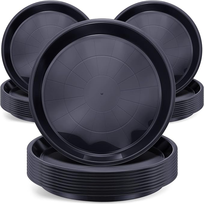 Sawysine 30 Pack Plastic Plant Saucer Round Drip Trays Black Flower Pot Saucers Thick Plant Dish Sturdy Water Tray Heavy Drainage Potted Container for Indoor Outdoor Garden (14 Inches)