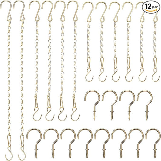 Hotop 12 Set Ceiling Hooks with Hanging Chains for Bird Feeders, Planters, Lanterns, Billboards, Birdbaths, Grow Lights, Chalkboards, Wind Chime and Other Ornaments, Chain Hook DIY (Gold)