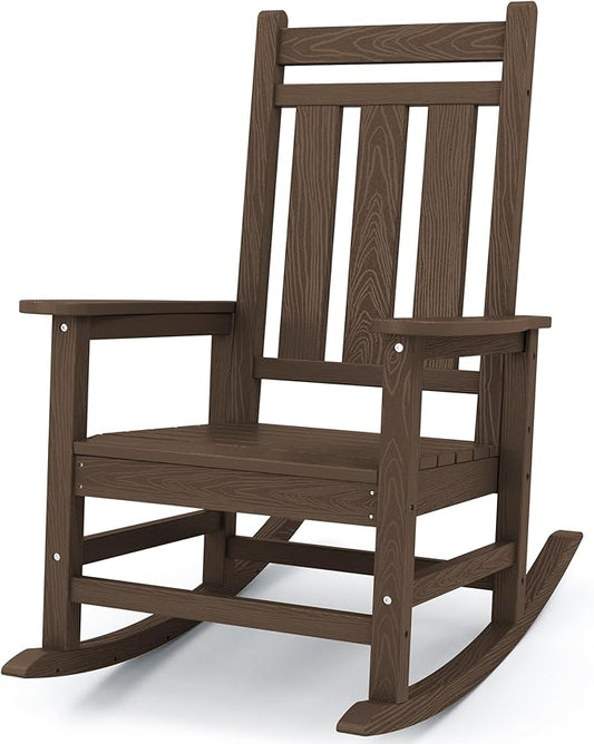 KINGYES Oversized Outdoor Rocking Chair, All-Weather Patio Rocking Chairs for Porch, HDPE Outdoor Patio Rockers with High Back & Wide Seat for Garden, Lawn, Brown