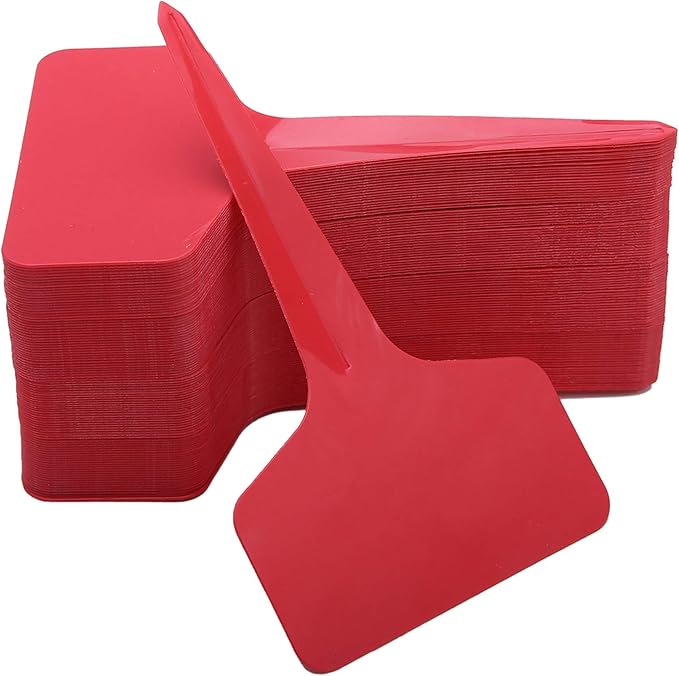 100 Pcs T-Type Plant Labels with a Gel Pen, Waterproof Nursery Plant Tags Plastic Garden Markers, Red, 6 x 10cm