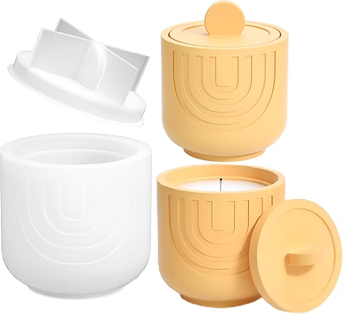 Storage Box with Lids Candle Jar Molds Set, Creative Silicone Candle Vessels Pot Molds, Concrete Round Stripe with Cover Bottle Making Moulds for Storage Candle Holder (D-Striped-U)