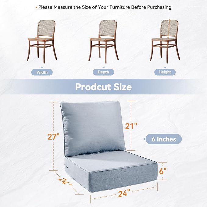 Luxury 6" Outdoor Cushions for Patio Furniture, 24x24x6" Thick Seat Cushion Set of 3, Fade Resistant Couch Chair Replacement Cushions High Density Wicker Chair Cushion w/ Removable Cover Baby Blue
