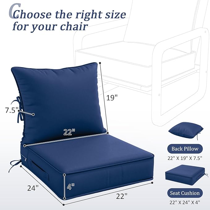 Outdoor Patio Chair Cushions Set 22 L X 24 W X 4 H Waterproof & Fade Resistant Deep Seat and Back Cushions with Removable Covers Outdoor Seat Cushion Set for Chairs and Sofas