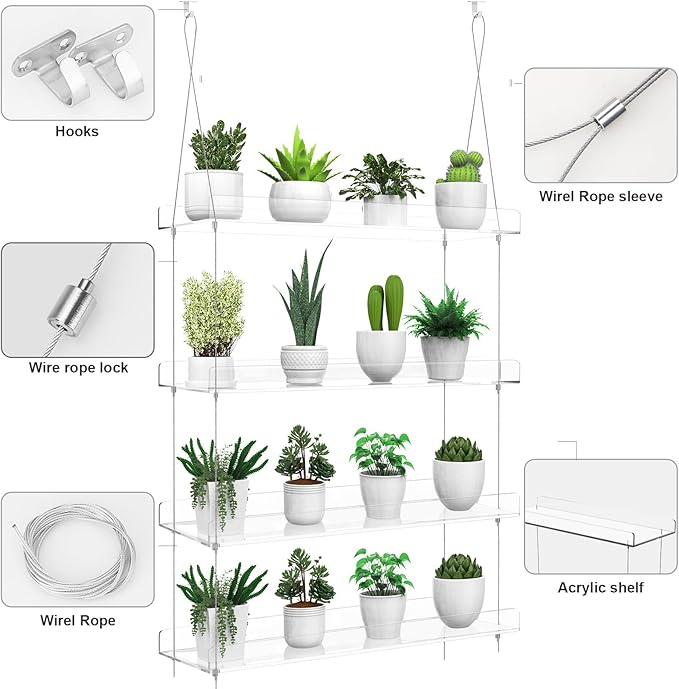 2-Pack Hanging Clear Plant Shelves for Windows, Acrylic Window Wall Plant Stand Shelf for Kitchen Indoor Gardens, Flower, Herb, Seedling Organization, and Pots Display, 16 Inch per Tier